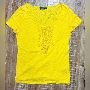 Lauren Ralph Lauren Top Womens Yellow Short Sleeve Ruffle scoop neck